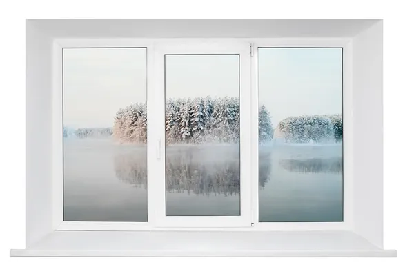 White plastic triple door window with trunquil view