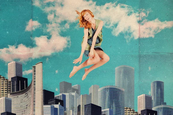 Art collage with jumping woman