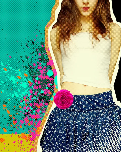 Sweet girl with fashion clothes.Grunge background for text