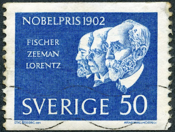 SWEDEN - 1962: shows Hermann Emil Fischer, Pieter Zeeman and Hendrik Antoon Lorentz, Winners of the 1902 Nobel Prize