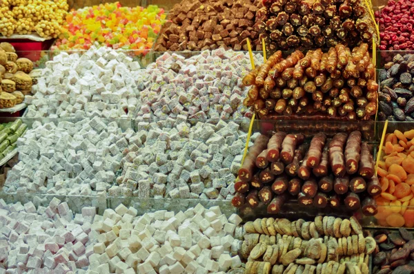 Traditional Turkish delight sweets, dried fruits, nuts at the Spice Market in Istanbul, Turkey
