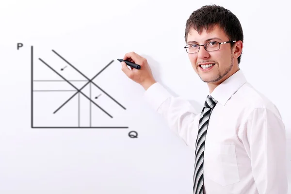 Smiling businessman drawing the supply and demand graph