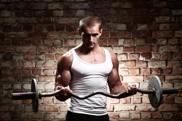 Young muscular guy training biceps with barbell
