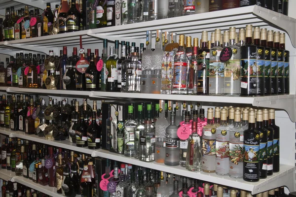 Showcase of alcohol in the duty-free shop