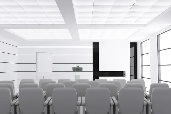 Empty modern conference room with microphones and visual board and chairs