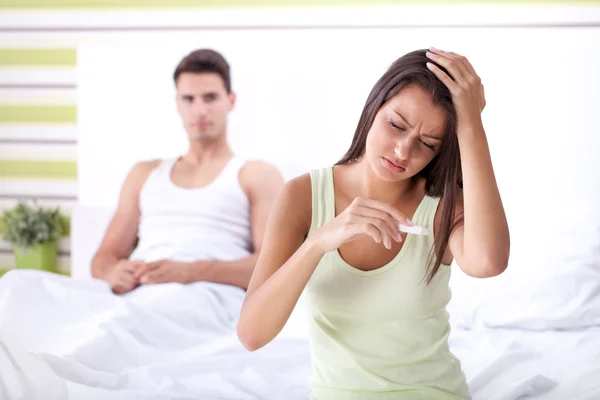 Upset couple with results of a pregnancy test