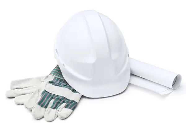 White hard hat, gloves, druft