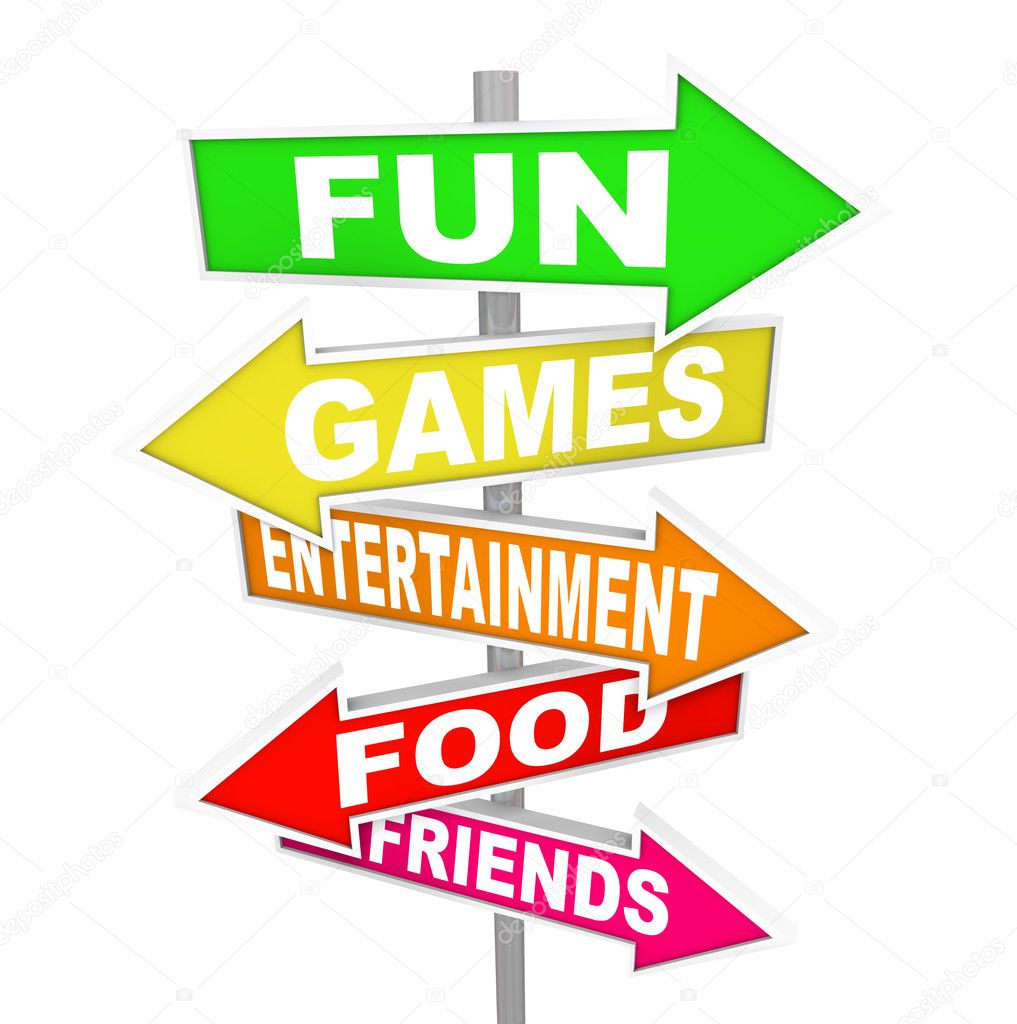 Fun Entertainment Activity Signs Pointing Directions - Stock Image
