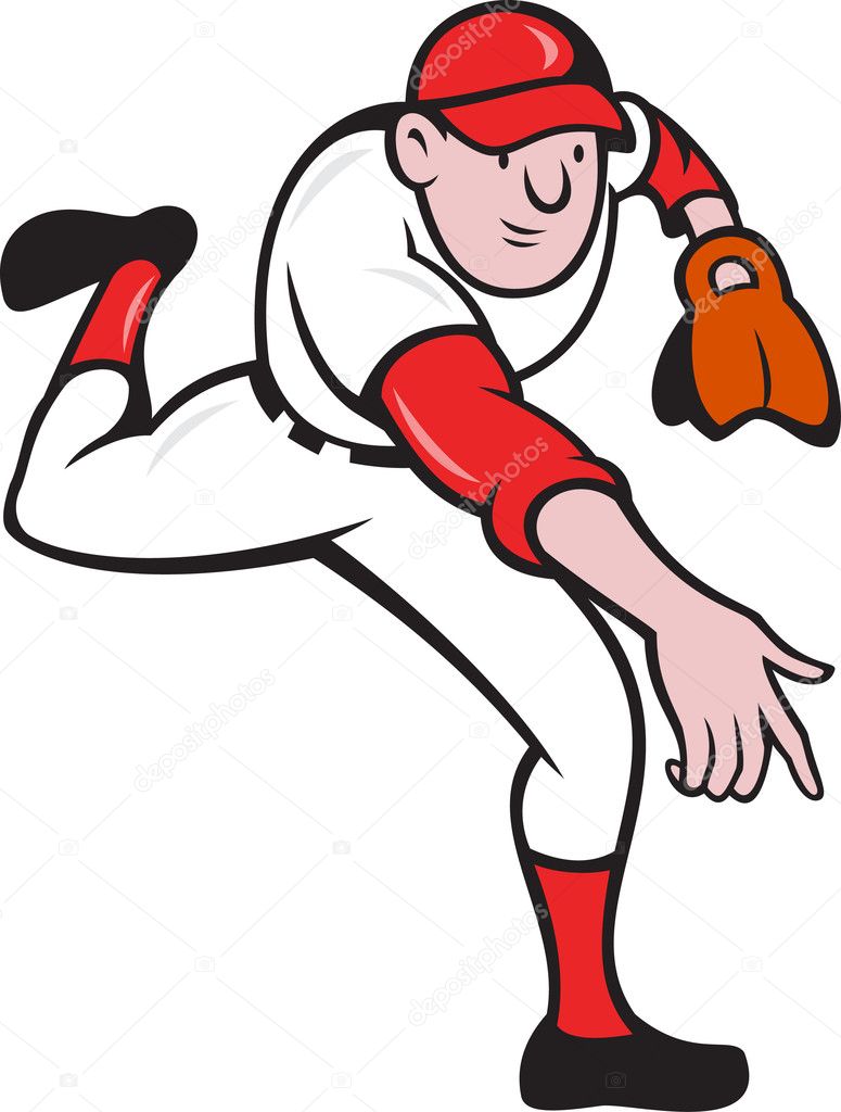 Béisbol jugador lanzador lanzando dibujos animados — Vector de stock