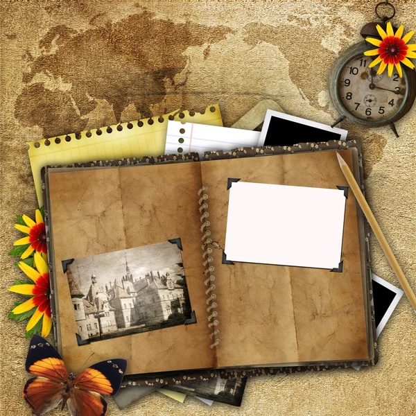 Antique background with the old map, open book and a clock