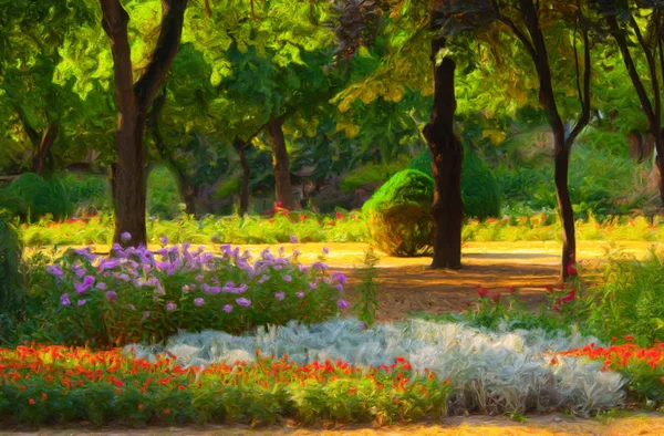 Landscape painting showing blooming of flowers in park in spring