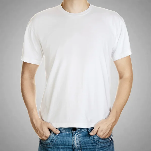 White t-shirt on a young man template on gray background