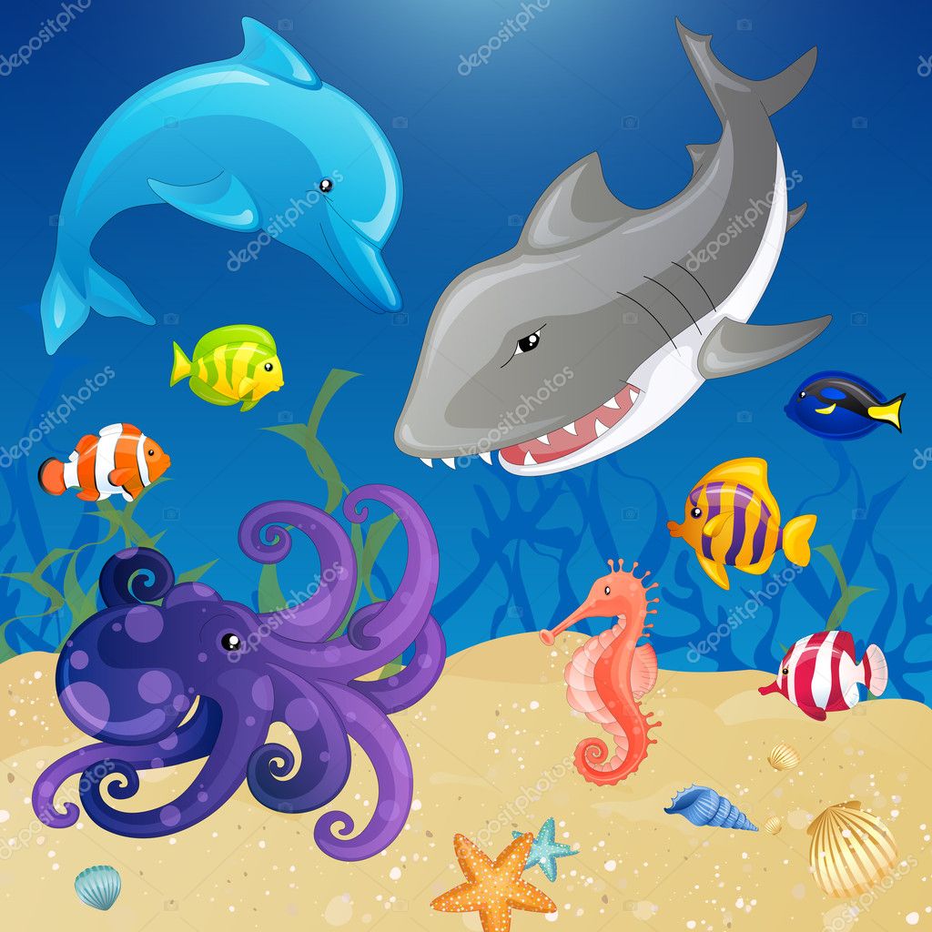 Set of Vector Cartoon Sea Creatures — Stock Vector © ramonakaulitzki