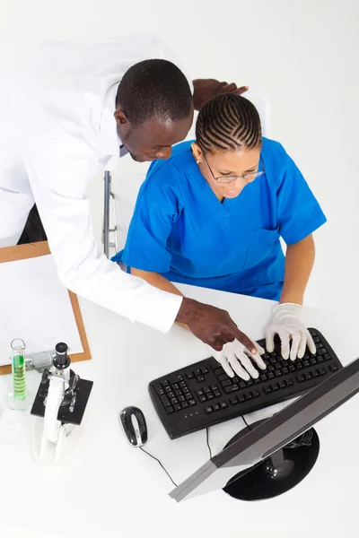 Two african american medical lab technicians working in lab
