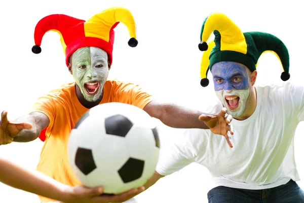 Super soccer fans fighting for a soccer ball