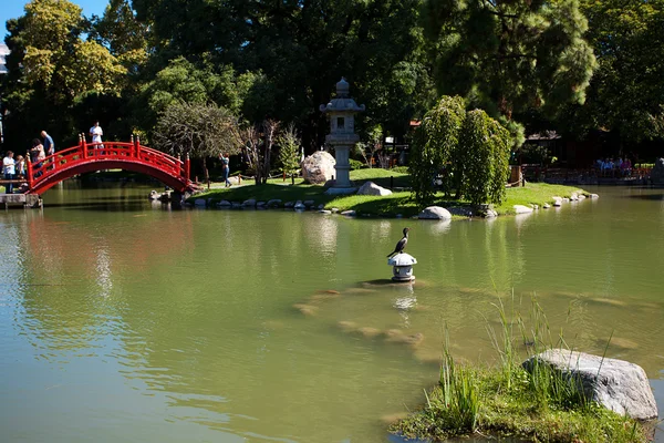 Japanese garden with a pond, bridge and birds