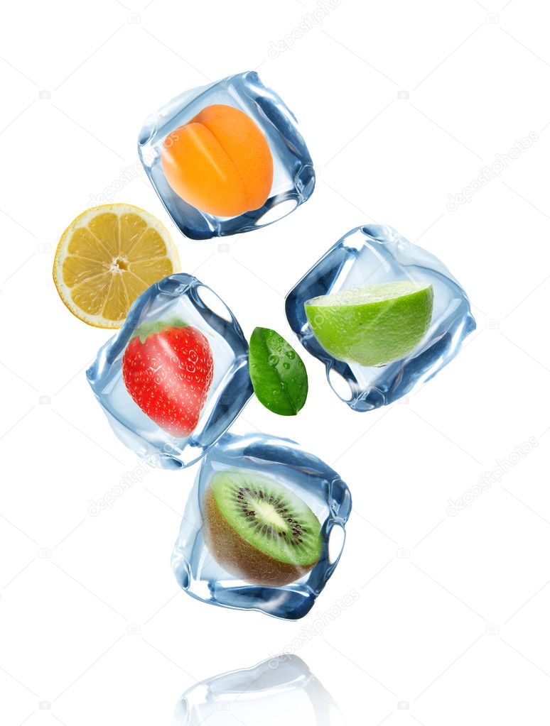 fruit with ice cubes in motion