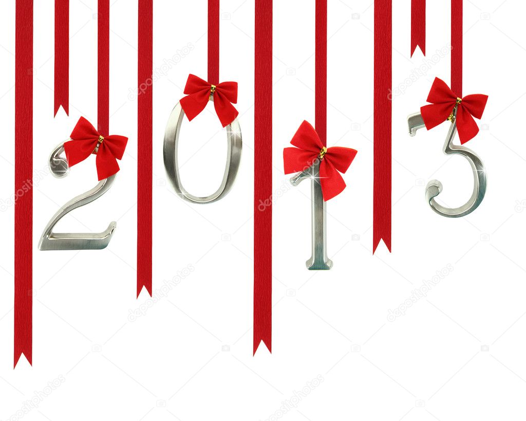 2013 calendar ornaments hanging on red ribbons — Stock Photo ...