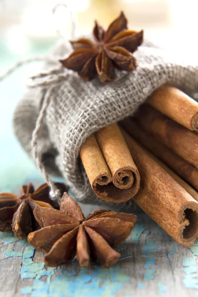 Cinnamon and anise in a small burlap sack