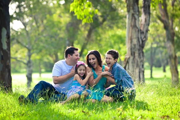 Family laughing during picnic