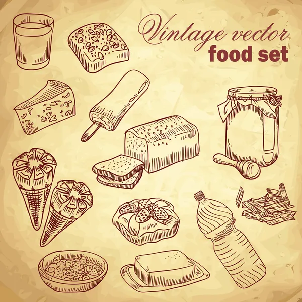 Vintage hand-drawn food set with various tasty things