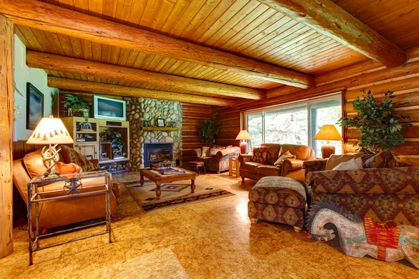 Log cabin living room interior.