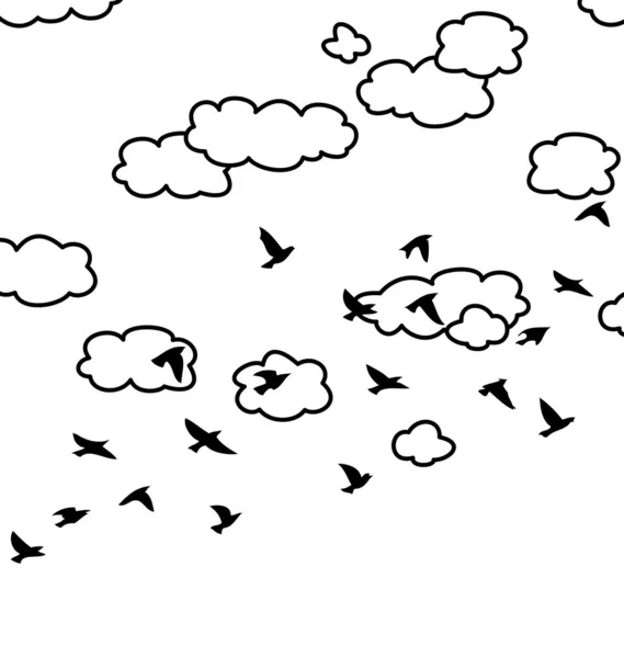 Vector flock of flying birds and clouds in the sky