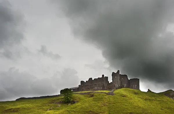 Ruined medieval castle landscape with dramatic sky