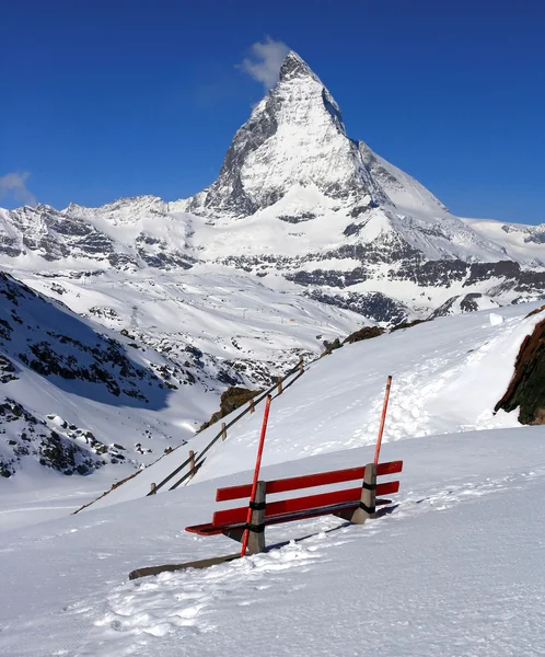 Red chair and Matterhorn, logo of Toblerone chocolate, located i