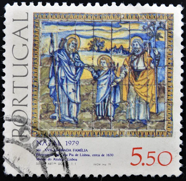 PORTUGAL - CIRCA 1979: A stamp printed in Portugal in Tile Museum Lisbon, a set of tiles depicting the Holy Family, 1630, Casa Pia de Lisboa, circa 1979.