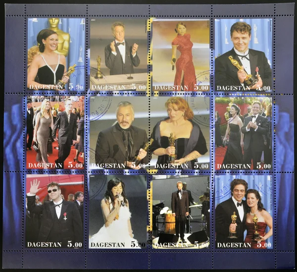 DAGESTAN - CIRCA 2001: A stamp printed in Dagestan shows collection of stamps with actors, actresses and singers nominated for oscar, circa 2001