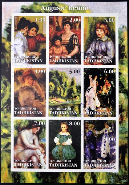 TADJIKISTAN - CIRCA 2001: stamps printed in Tadjikistan, shows set of stamps showing nine paintings by Auguste Renoir, circa 2001