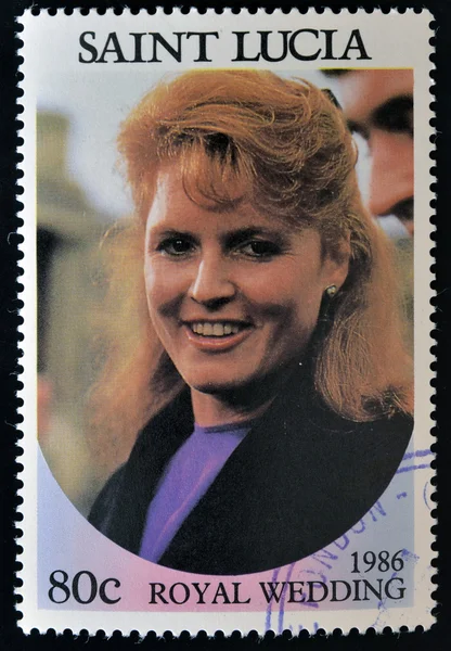 SAINT LUCIA - CIRCA 1986: A stamp printed in Saint Lucia shows a portrait of Sarah Margaret Ferguson,the royal wedding commemorative, circa 1986