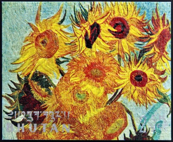 BHUTAN - CIRCA 1980: A stamp printed in Bhutan shows Vase with Twelve Sunflowers (detail) by Vincent Van Gogh, circa 1980