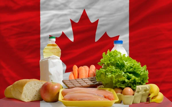 Basic food groceries in front of canada national flag