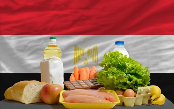 Basic food groceries in front of egypt national flag