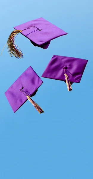Graduation caps flying in the air after being thrown with room for copy