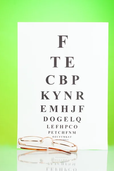 Eyesight test chart with glasses on green background close-up