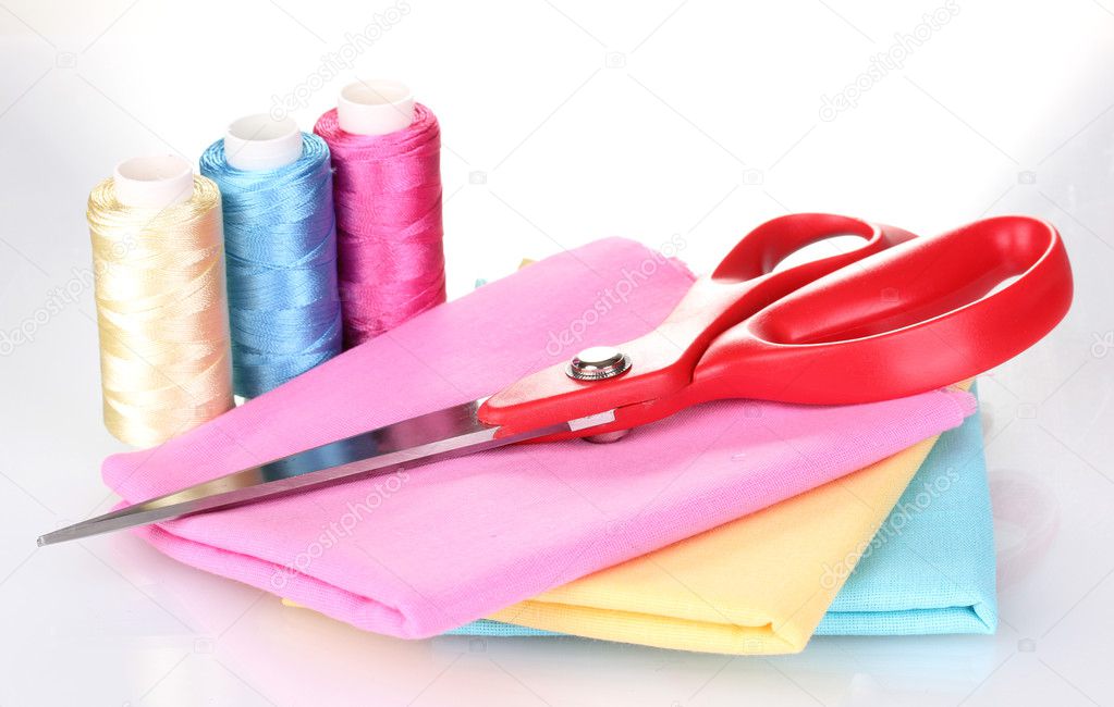 Sewing accessories and fabric isolated on white — Stock Photo