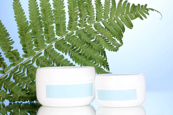 Jar of cream with branch of fern on blue background
