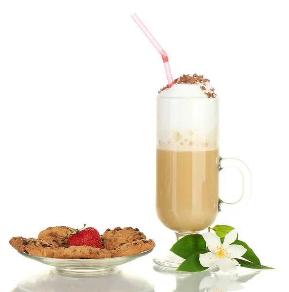 Glass of coffee cocktail with cookies and strawberry on saucer and flowers isolated on white