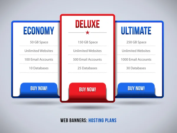 Web Banners Boxes Hosting Features Plans Or Pricing Table For Your Website Design Blue Red: Banner, Order, Button, Box, List, Bullet, Buy Now
