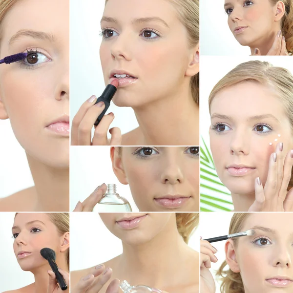 Montage of a young woman applying makeup