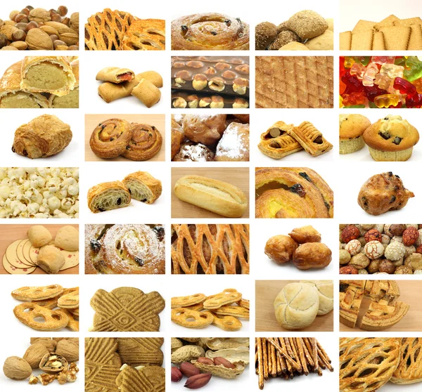 Collage of many snacks, bread, cookies, sweet rolls and candy