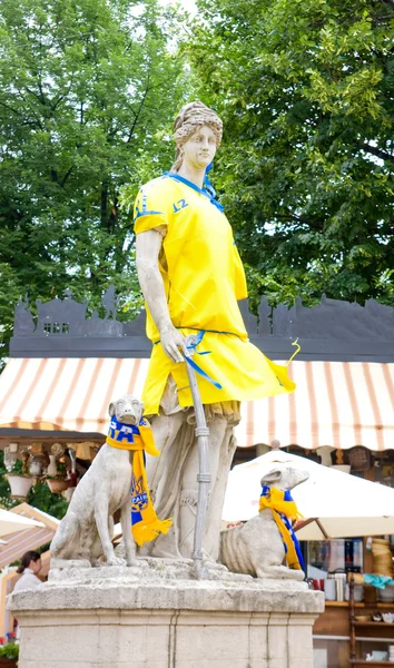 LVIV, UKRAINE - JUNE,14, 2012:Statue Diana of Versailles in form of football national team of Ukraine in June, 14, Lviv. Time Euro 2012 in Lviv famous sculptures were dressed in football uniforms