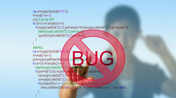 Business woman pointing programming script with bug fixed concept
