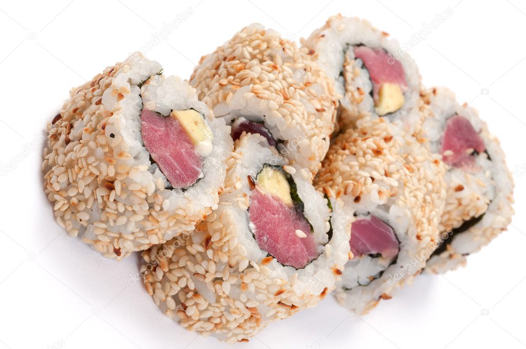 Uramaki with tuna. On a white background. Tuna, rice, sesame see