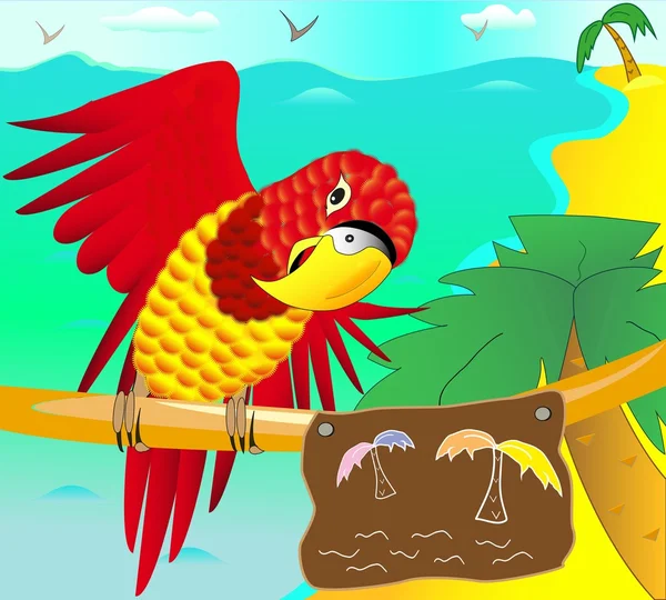 Tropical coast and the parrot on the branch