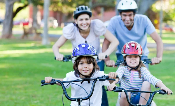 Cheerful family riding a bike