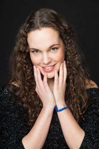 Brown Dress on Smiling Pretty Girl With Long Brown Curly Hair  Fashion Studio